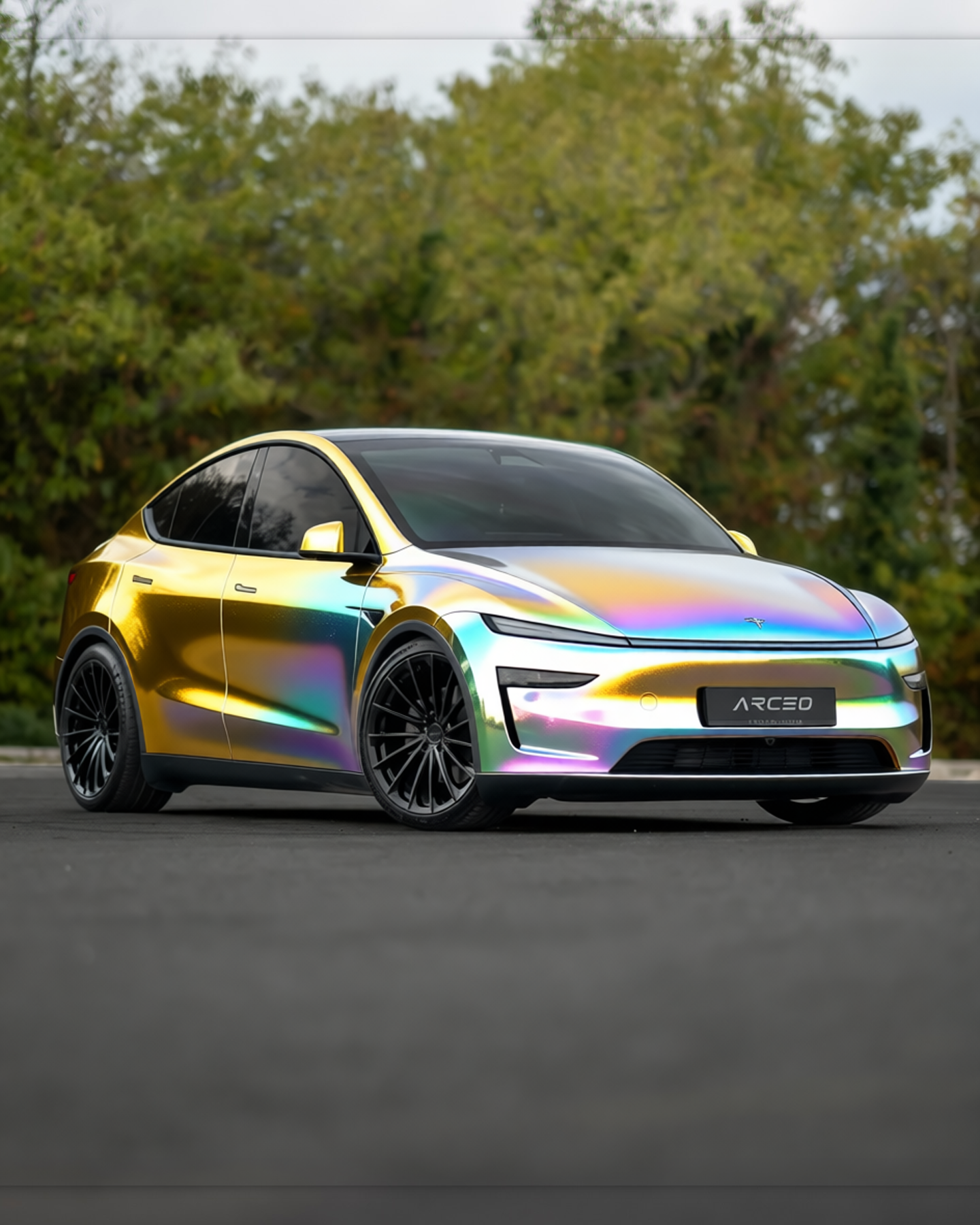 Tesla Model Y rendered in Gloss ColorFlow Fresh Spring Gold/Silver gloss wrap