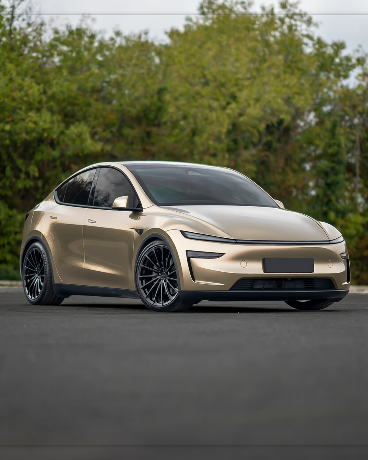 Tesla Model Y Perf rendered in Matte Metallic Champaign Dark Gold gloss wrap