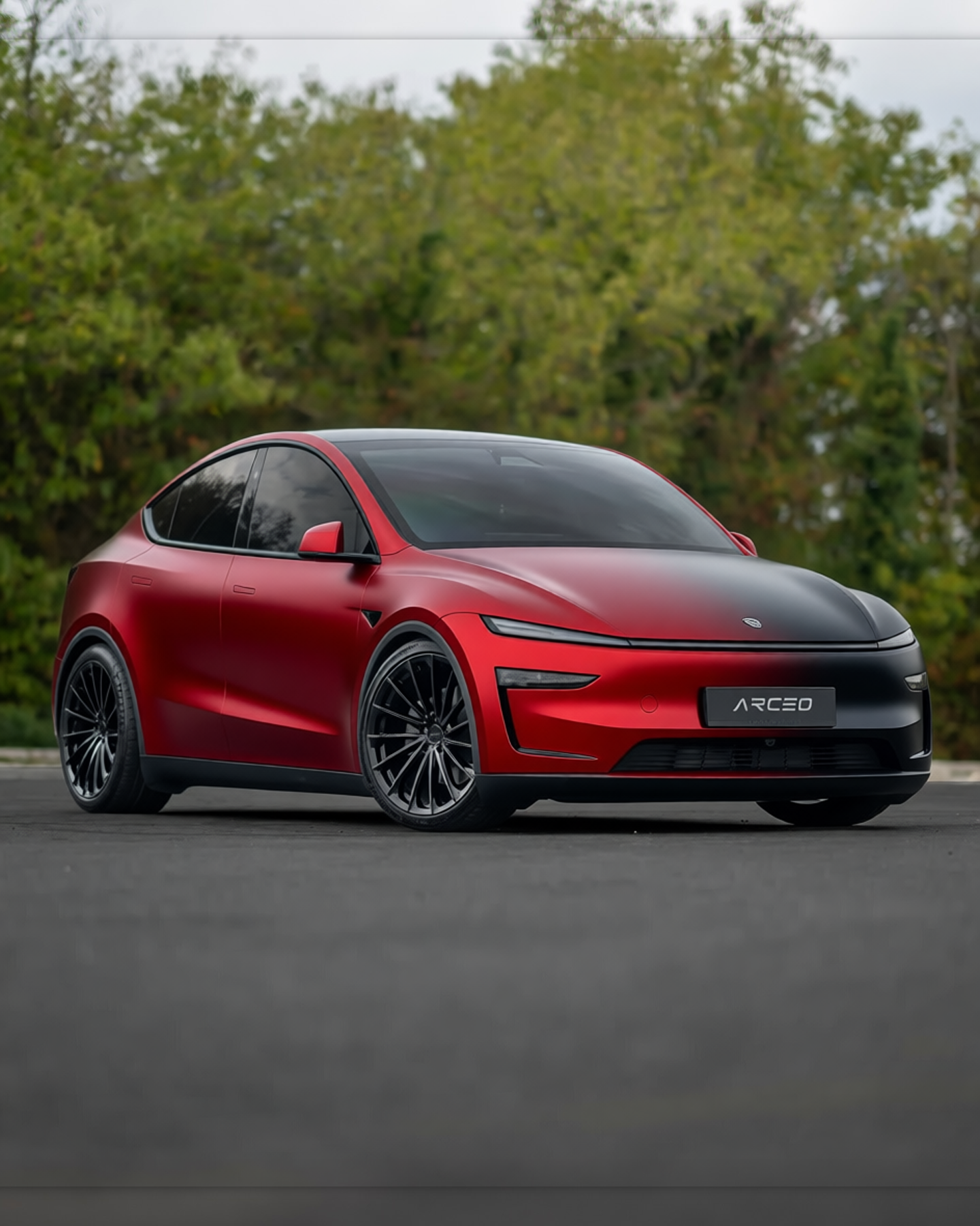 Tesla Model Y rendered in Satin ColorFlow Solar Dawn Red/Black gloss wrap