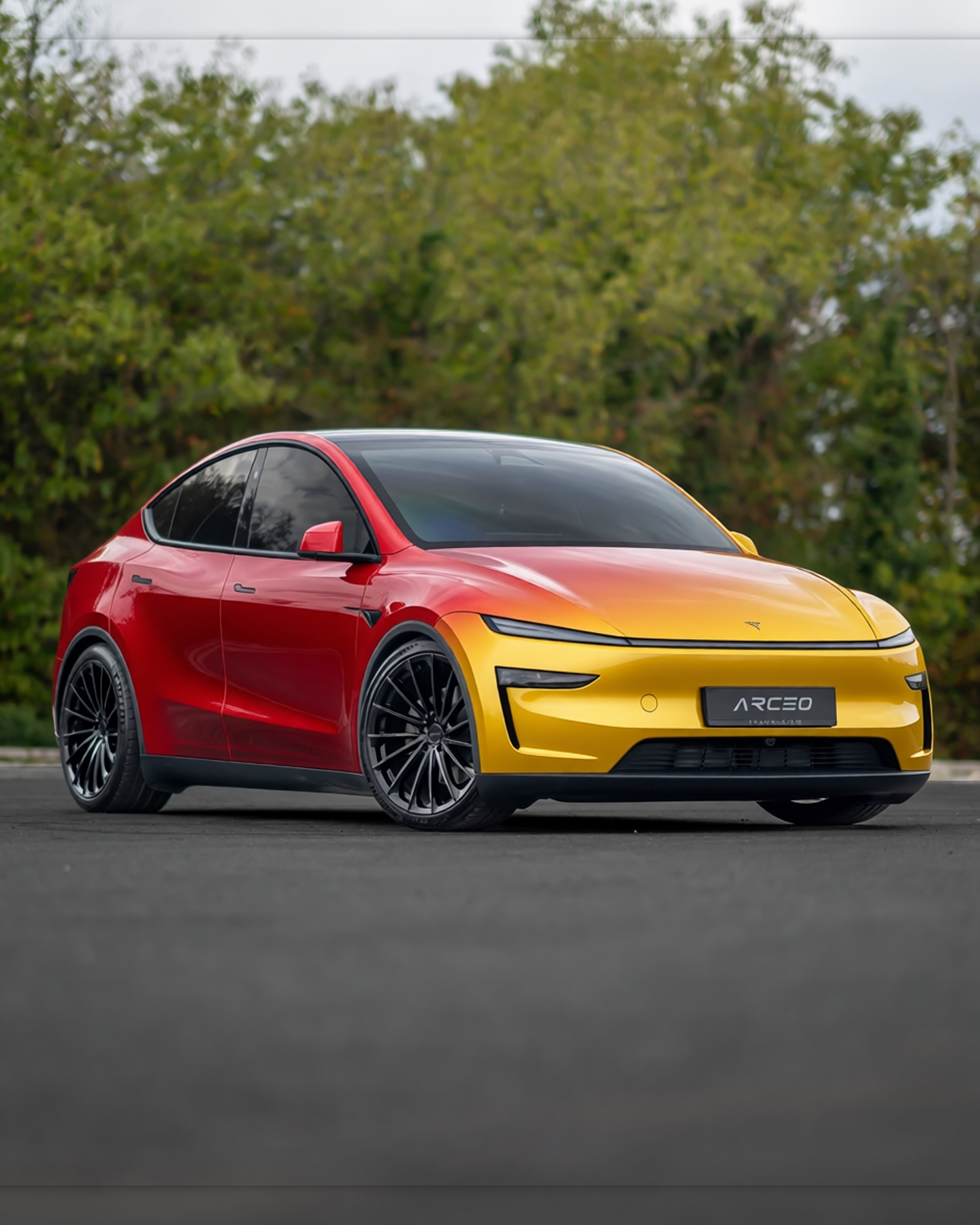 Tesla Model Y rendered in Gloss ColorFlow Rising Sun Red/Gold gloss wrap