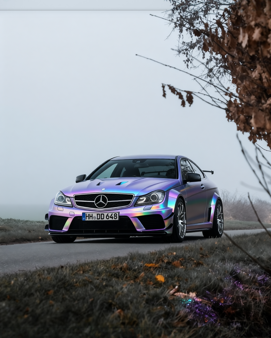 C63s AMG Coupe rendered in Twin Candy Grey Purple Color Fliper gloss wrap