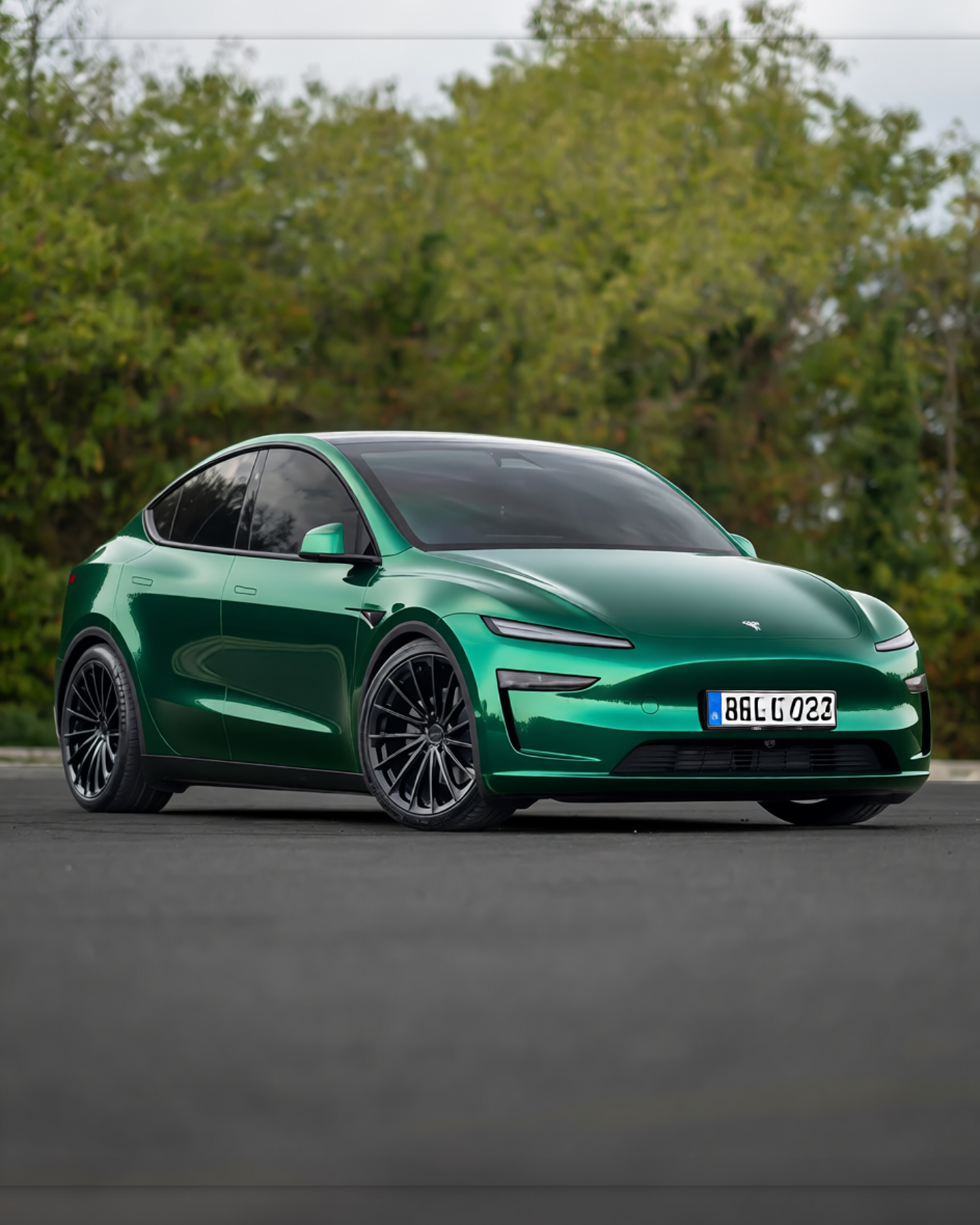 Tesla Model Y rendered in Sherwood Green gloss wrap